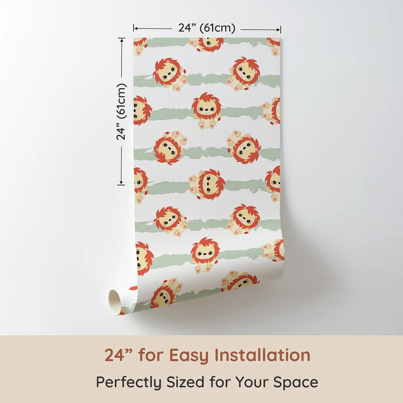 Dimension view of Whimsy Tots Striped Safari Cubs Wallpaper in Green (W3018C). Printed in 24-inch-wide panel for easy installation. Charming lions dance across soft sage stripes and clean white skies.