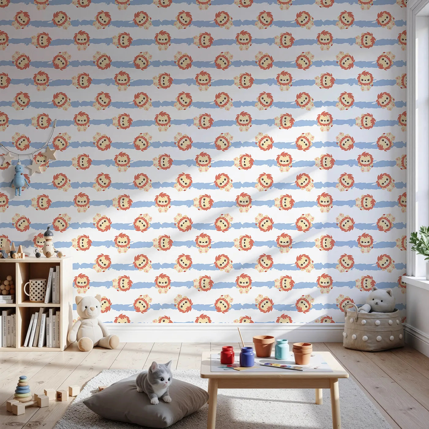 Front view of Whimsy Tots' Striped Safari Cubs Wallpaper in Blue