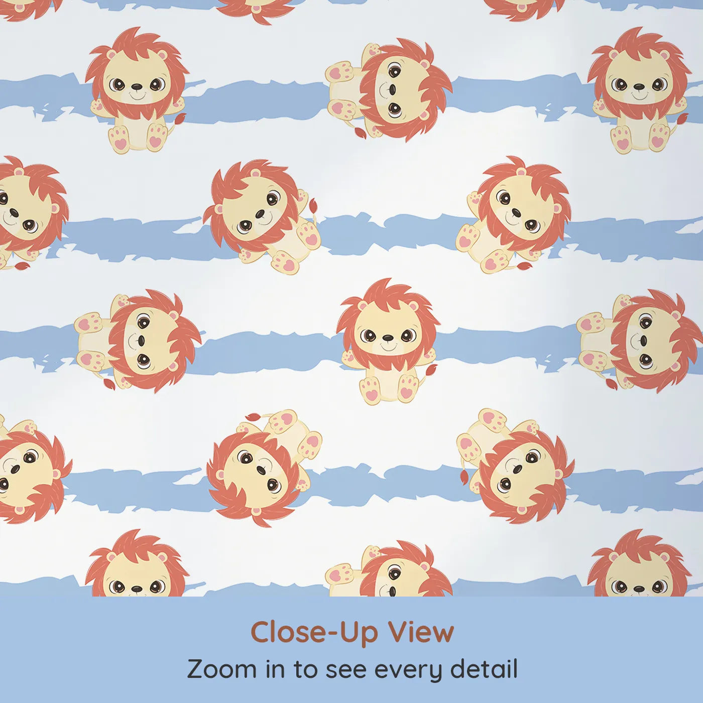 Close-up view of Whimsy Tots' Striped Safari Cubs Wallpaper in Blue (W3018D).Charming lions dance across soft blue stripes and clean white skies.