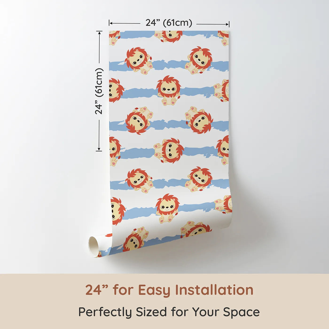 Dimension view of Whimsy Tots Striped Safari Cubs Wallpaper in Blue (W3018D). Printed in 24-inch-wide panel for easy installation. Charming lions dance across soft blue stripes and clean white skies.
