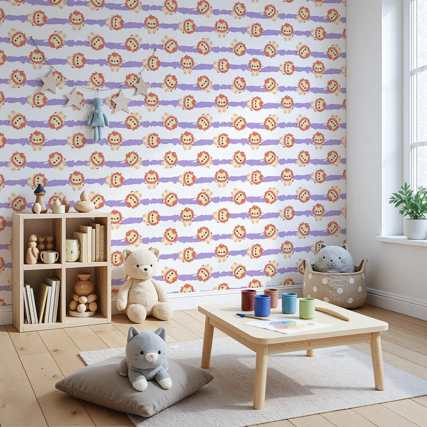 Angled view of Whimsy Tots' Striped Safari Cubs Wallpaper in Purple (W3018E).Charming lions dance across soft lavender stripes and clean white skies.