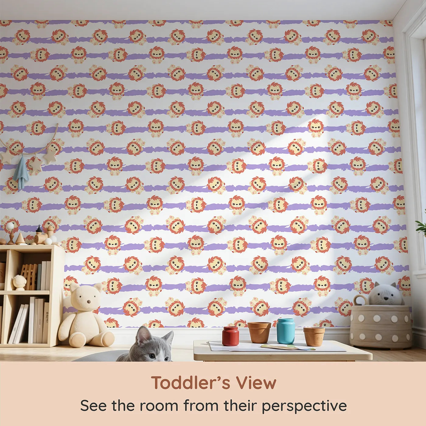 Whimsy Tots Striped Safari Cubs Wallpaper in Purple (W3018E) from your child's view.Charming lions dance across soft lavender stripes and clean white skies.