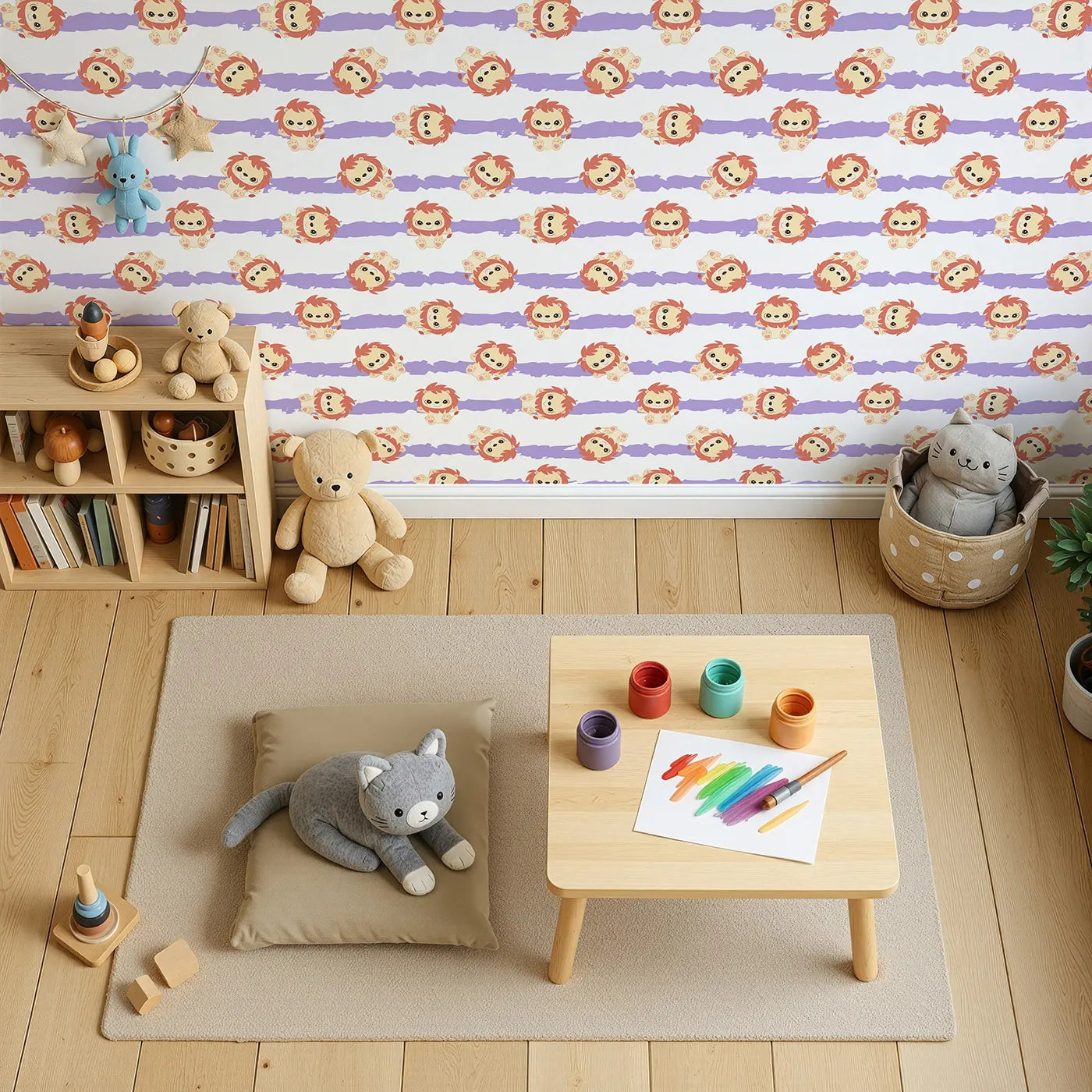Top-Down view of Whimsy Tots' Striped Safari Cubs Wallpaper in Purple (W3018E).Charming lions dance across soft lavender stripes and clean white skies.