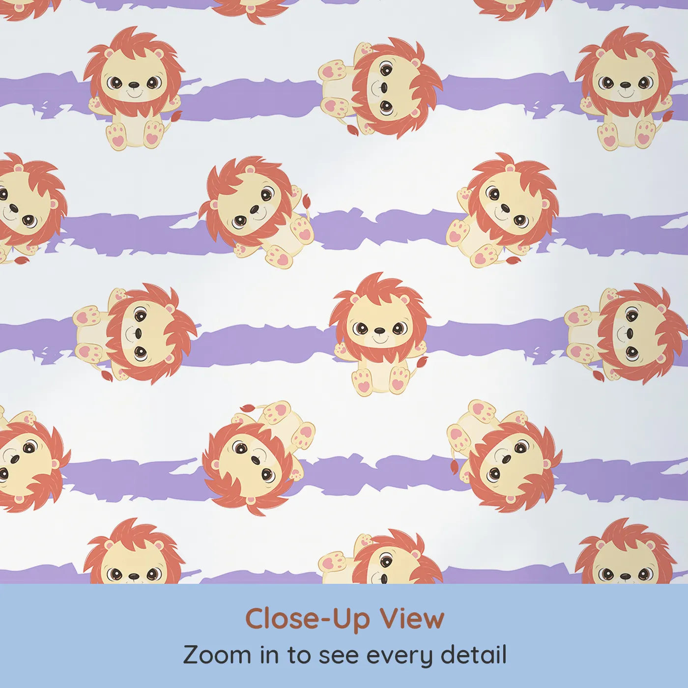 Close-up view of Whimsy Tots' Striped Safari Cubs Wallpaper in Purple (W3018E).Charming lions dance across soft lavender stripes and clean white skies.