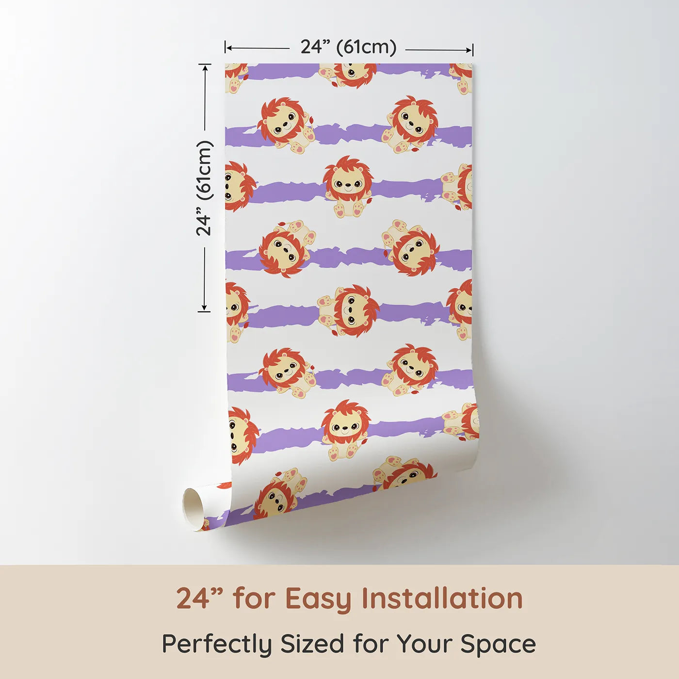 Dimension view of Whimsy Tots Striped Safari Cubs Wallpaper in Purple (W3018E). Printed in 24-inch-wide panel for easy installation. Charming lions dance across soft lavender stripes and clean white skies.