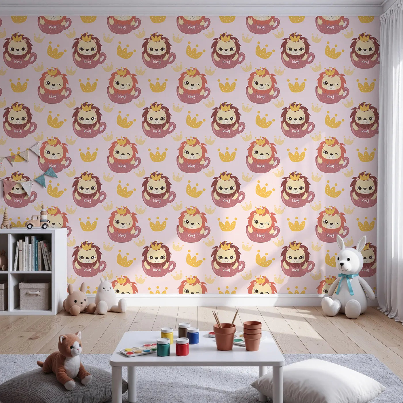 Front view of Whimsy Tots' Little King of the Jungle Wallpaper in Pink