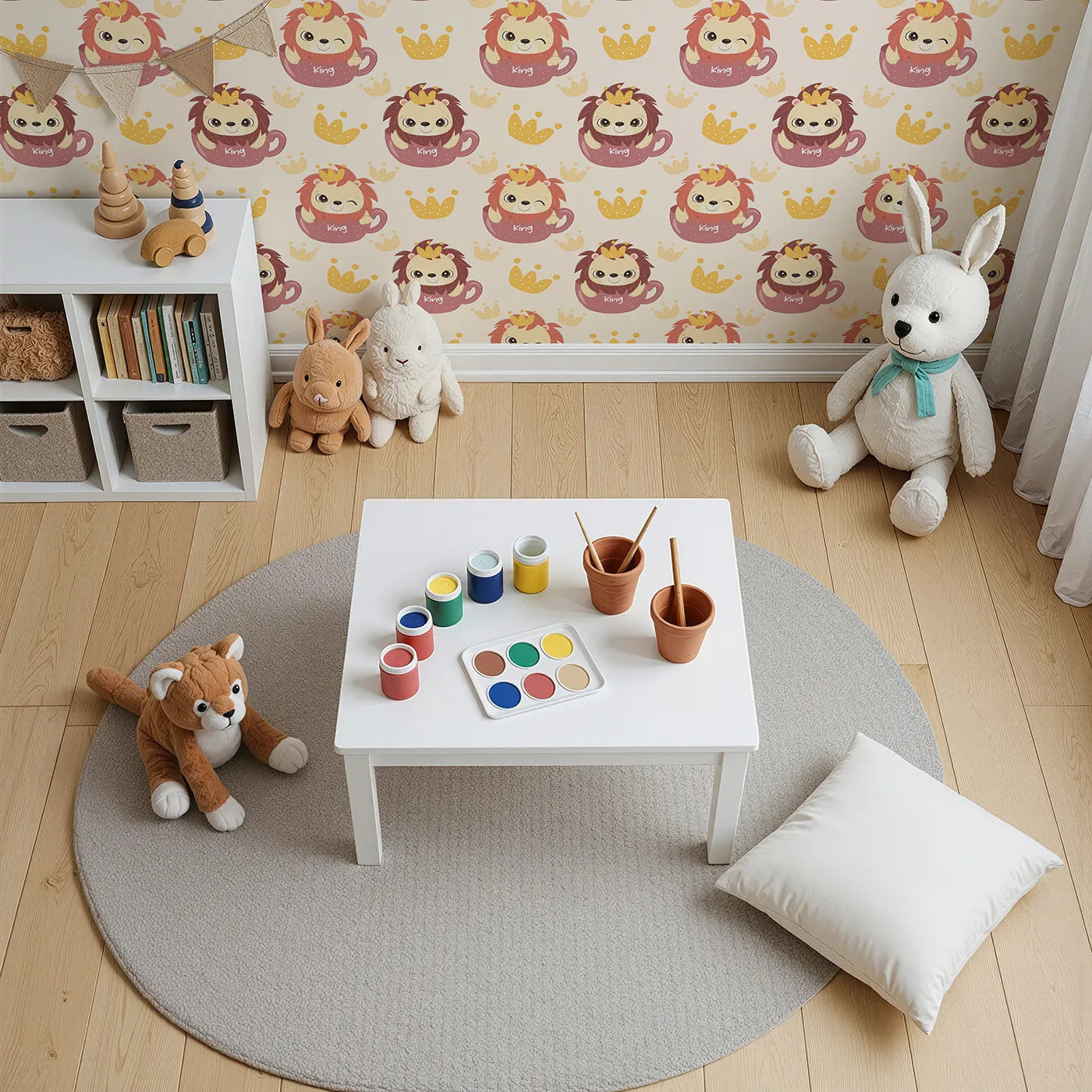 Top-Down view of Whimsy Tots' Little King of the Jungle Wallpaper in Beige (W3019B).A cozy lion in a teacup crown adds warmth and whimsy to every wall.
