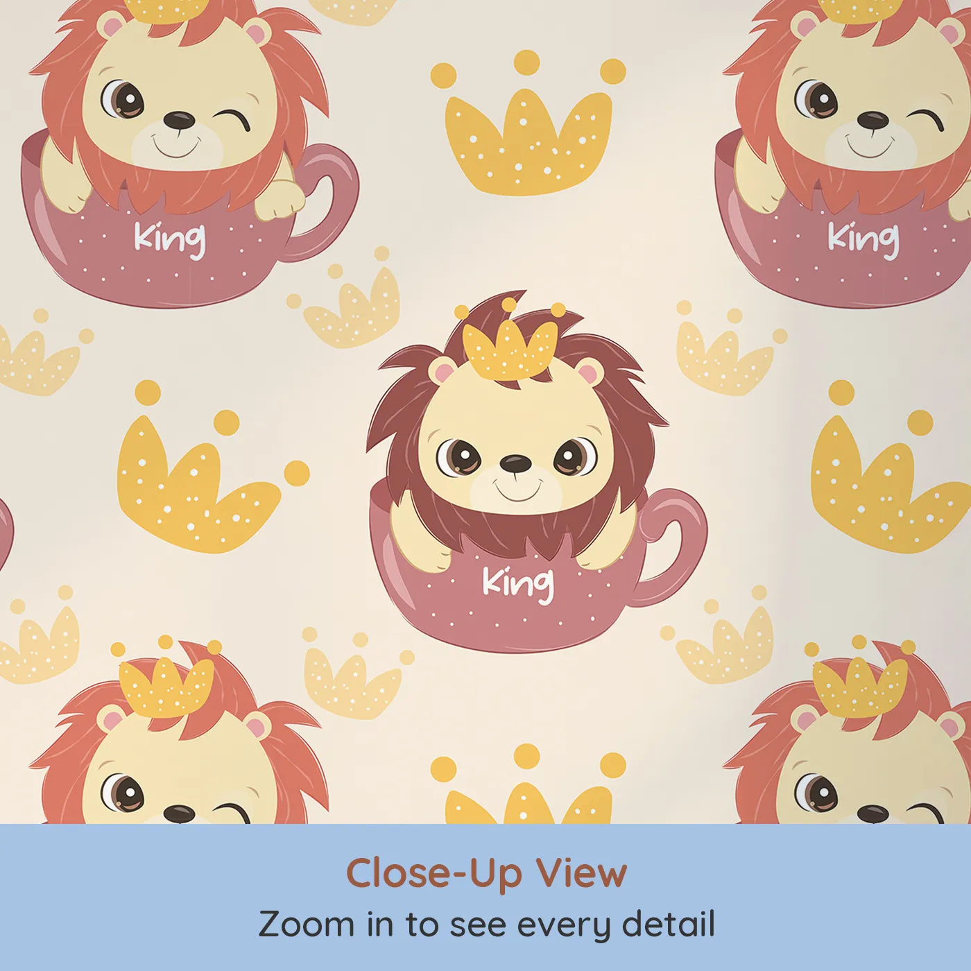 Close-up view of Whimsy Tots' Little King of the Jungle Wallpaper in Beige (W3019B).A cozy lion in a teacup crown adds warmth and whimsy to every wall.