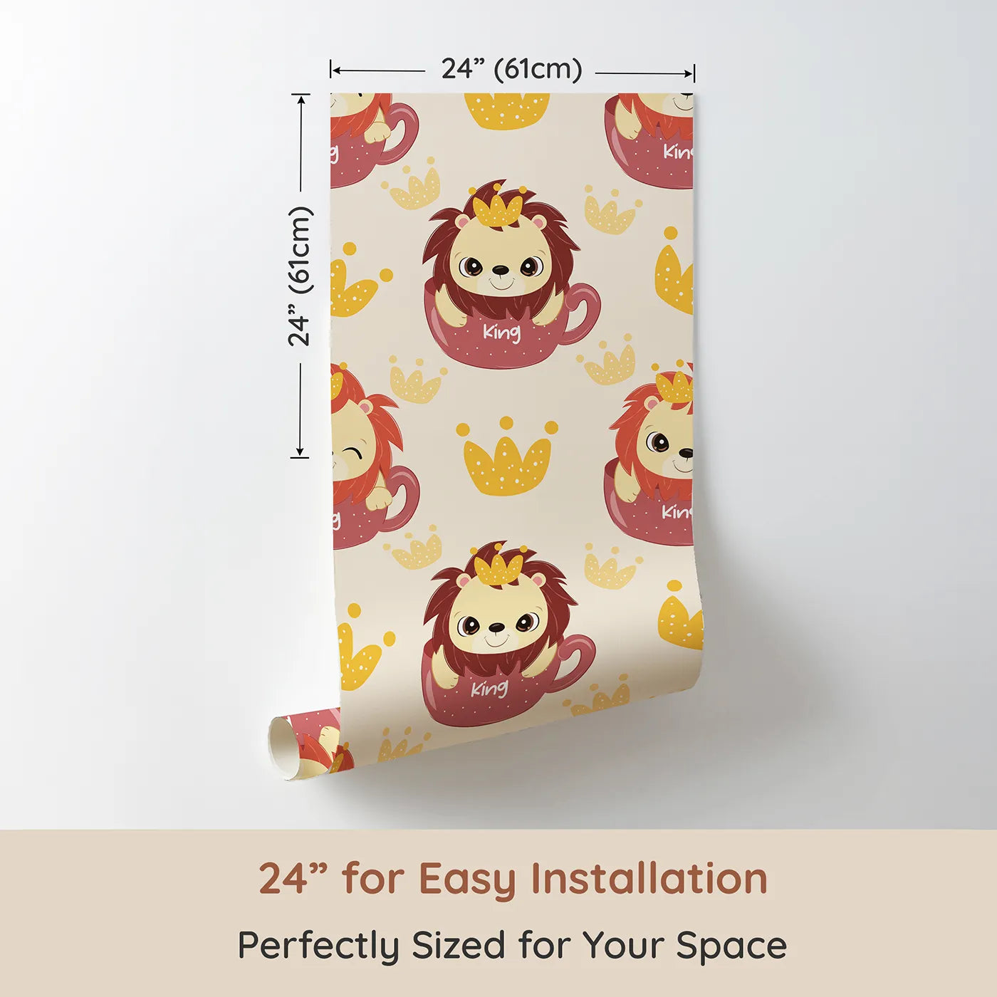 Dimension view of Whimsy Tots Little King of the Jungle Wallpaper in Beige (W3019B). Printed in 24-inch-wide panel for easy installation. A cozy lion in a teacup crown adds warmth and whimsy to every wall.