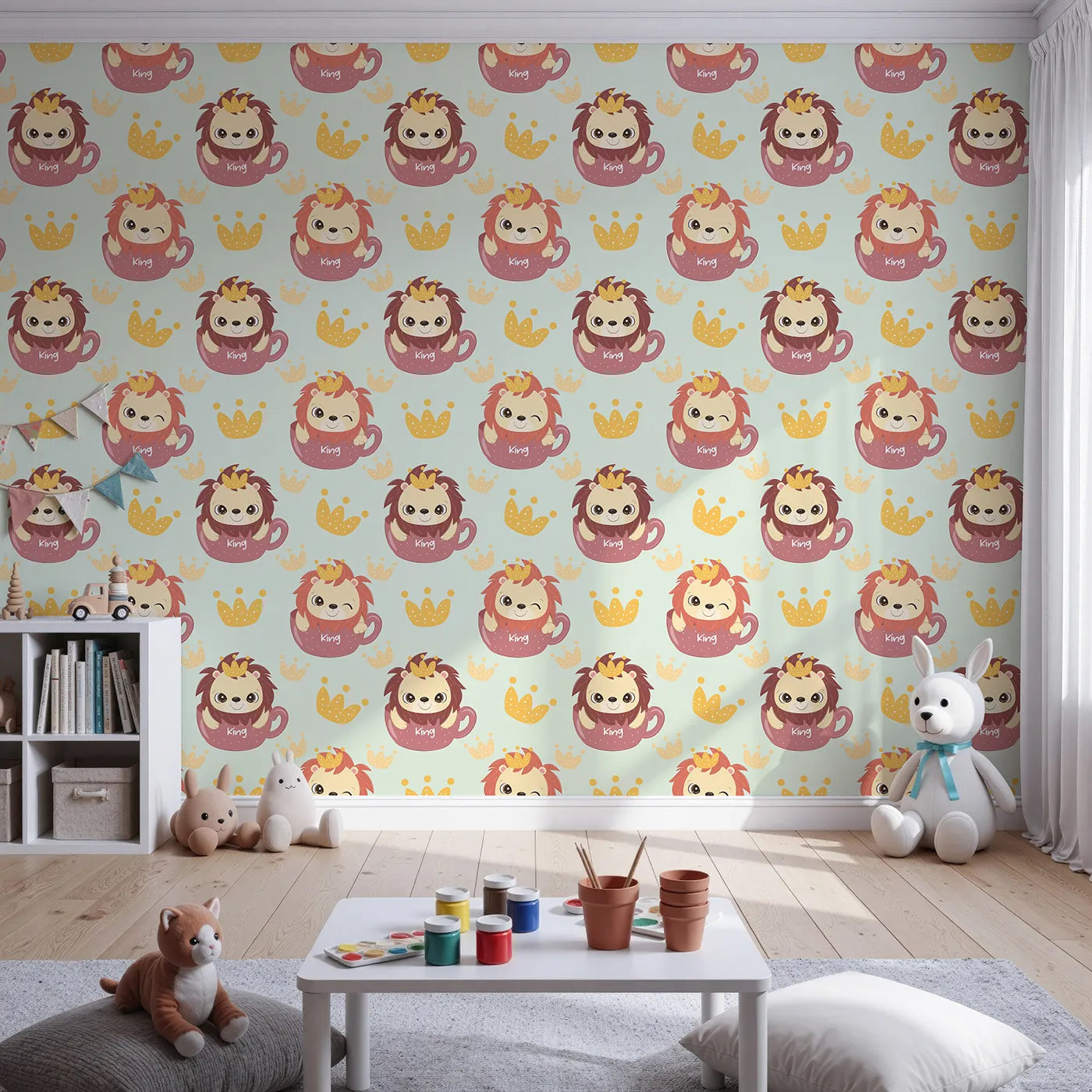 Front view of Whimsy Tots' Little King of the Jungle Wallpaper in Mint Green