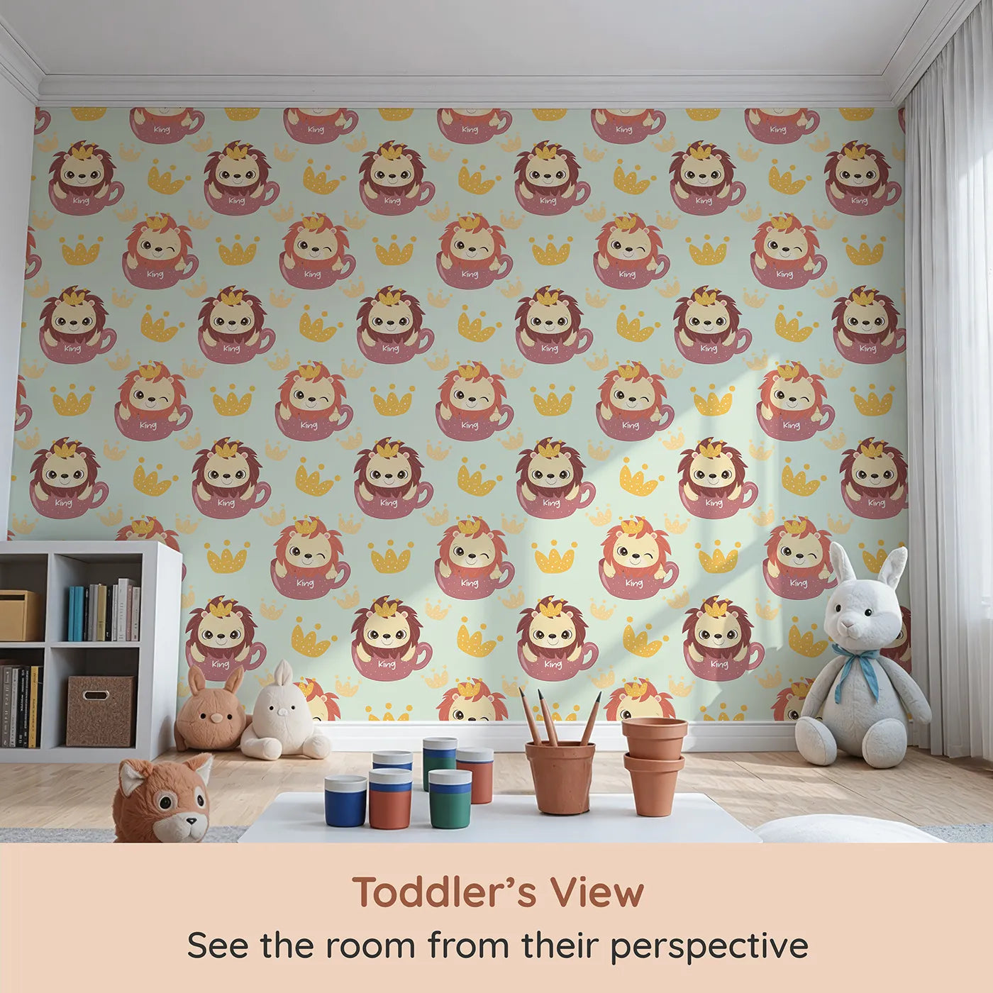 Whimsy Tots Little King of the Jungle Wallpaper in Mint Green (W3019C) from your child's view.A cozy lion in a teacup crown adds warmth and whimsy to every wall.