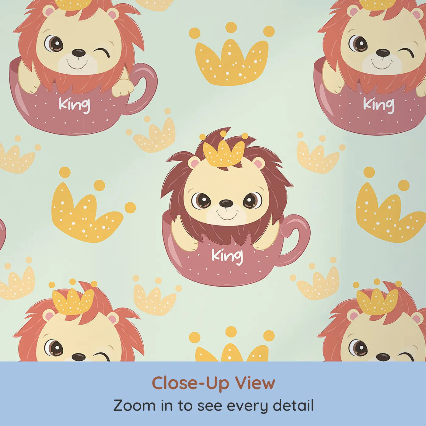 Close-up view of Whimsy Tots' Little King of the Jungle Wallpaper in Mint Green (W3019C).A cozy lion in a teacup crown adds warmth and whimsy to every wall.