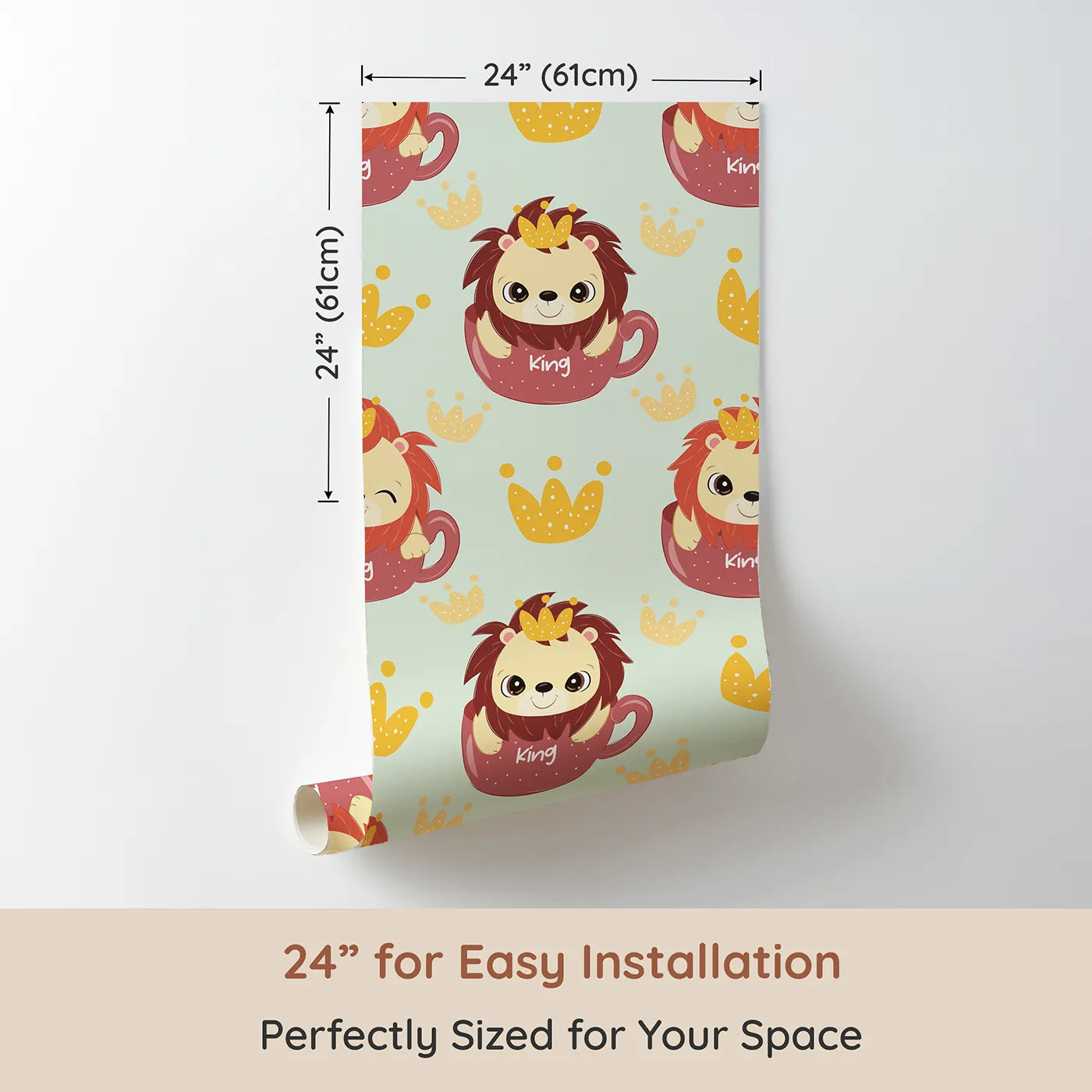 Dimension view of Whimsy Tots Little King of the Jungle Wallpaper in Mint Green (W3019C). Printed in 24-inch-wide panel for easy installation. A cozy lion in a teacup crown adds warmth and whimsy to every wall.