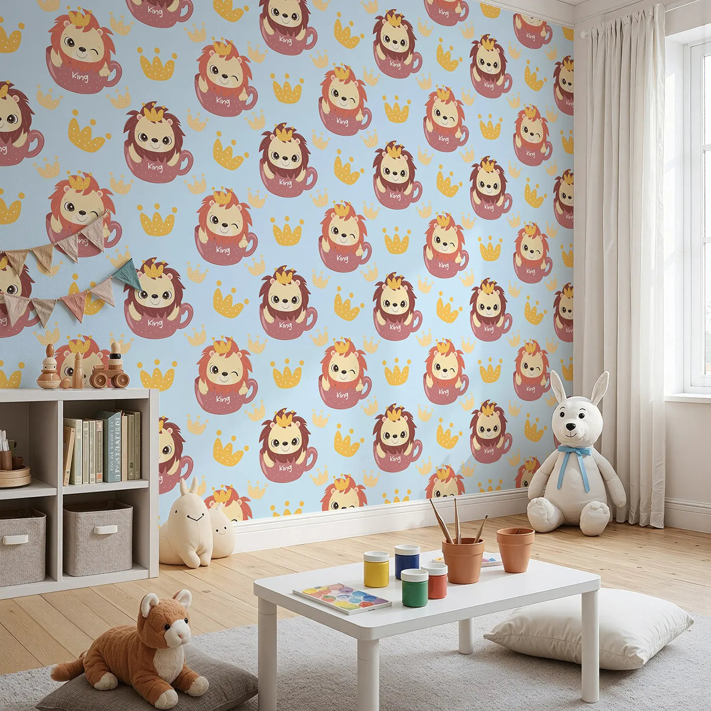 Angled view of Whimsy Tots' Little King of the Jungle Wallpaper in Blue (W3019D).A cozy lion in a teacup crown adds warmth and whimsy to every wall.