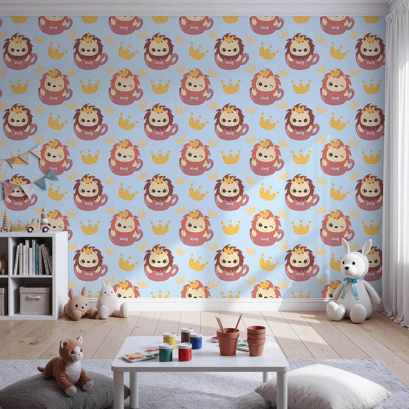 Front view of Whimsy Tots' Little King of the Jungle Wallpaper in Blue