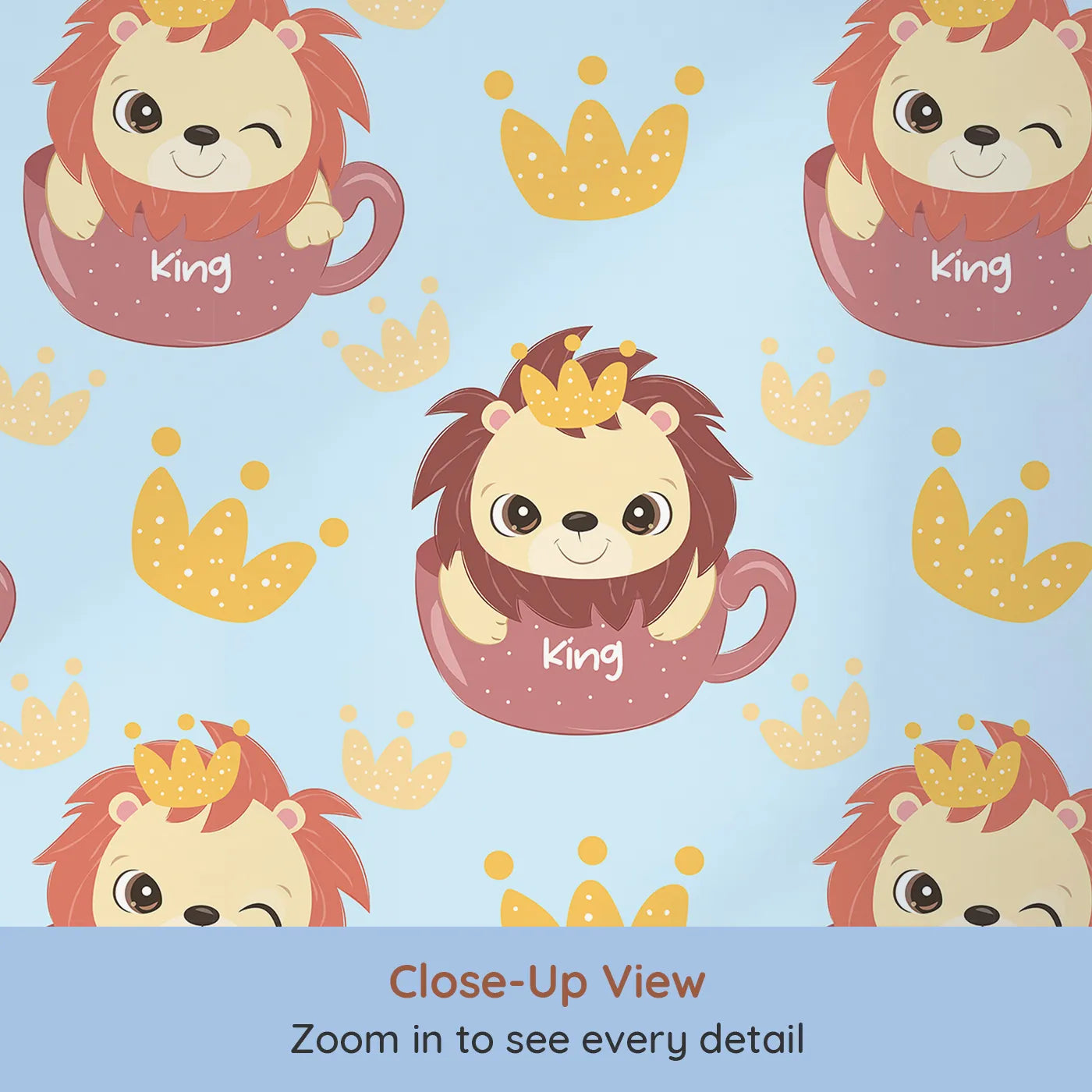 Close-up view of Whimsy Tots' Little King of the Jungle Wallpaper in Blue (W3019D).A cozy lion in a teacup crown adds warmth and whimsy to every wall.