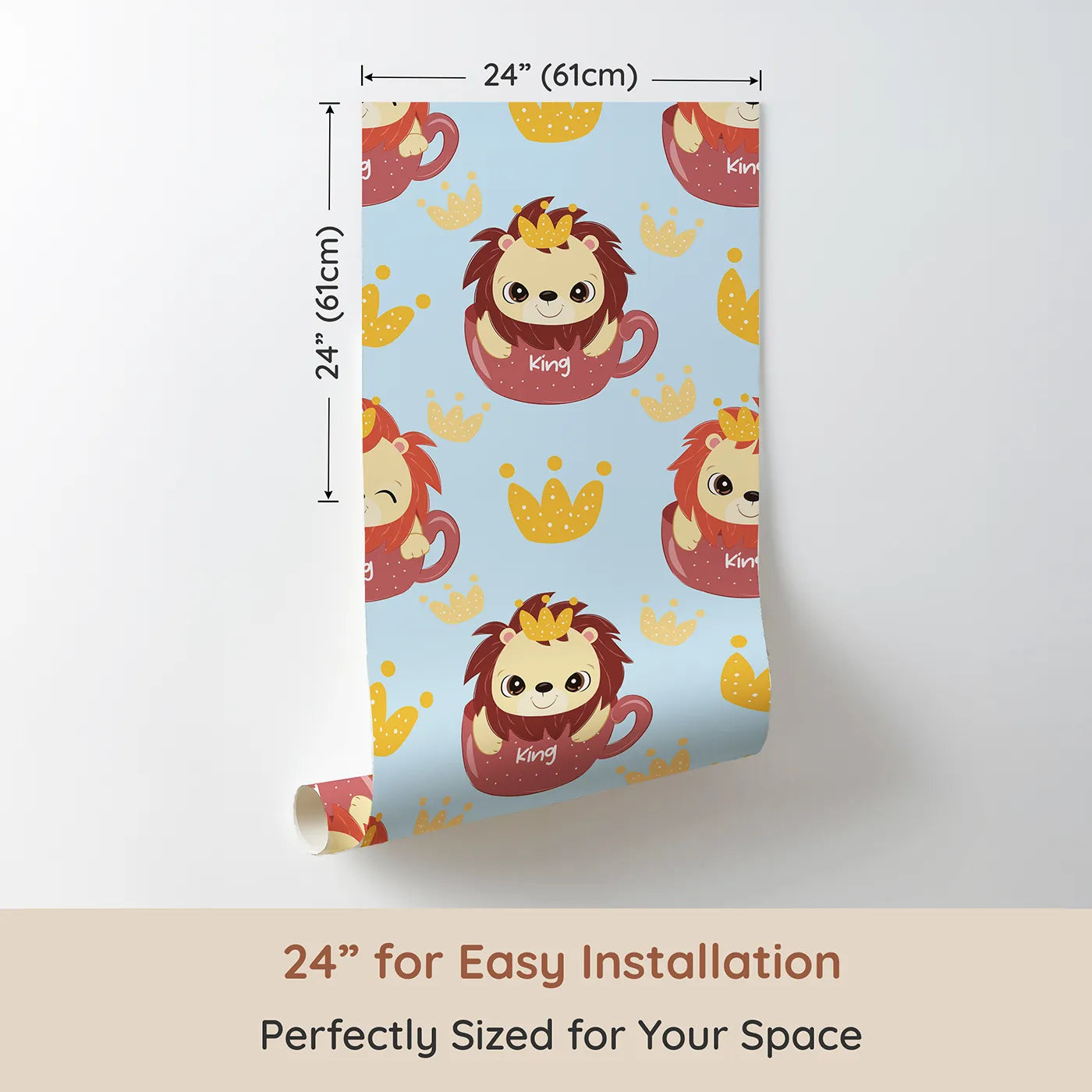 Dimension view of Whimsy Tots Little King of the Jungle Wallpaper in Blue (W3019D). Printed in 24-inch-wide panel for easy installation. A cozy lion in a teacup crown adds warmth and whimsy to every wall.