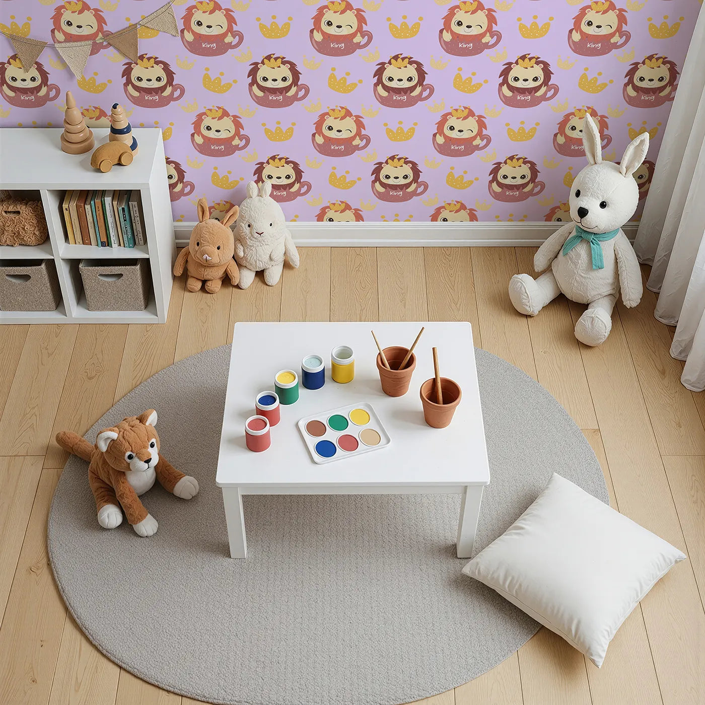 Top-Down view of Whimsy Tots' Little King of the Jungle Wallpaper in Purple (W3019E).A cozy lion in a teacup crown adds warmth and whimsy to every wall.