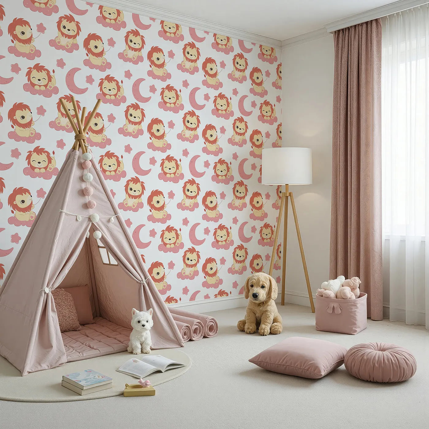 Angled view of Whimsy Tots' Starry Safari Dreams Wallpaper in Pink (W3020A).Smiling lions on starry pink clouds bring magic and giggles to sleepy spaces.