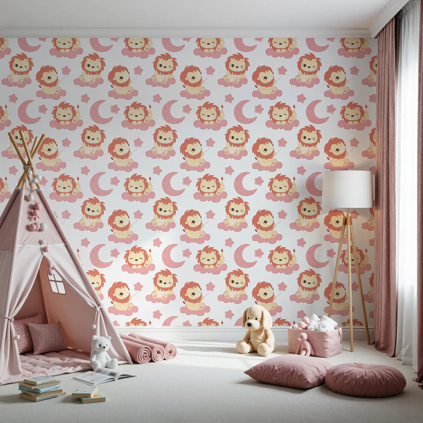 Front view of Whimsy Tots' Starry Safari Dreams Wallpaper in Pink