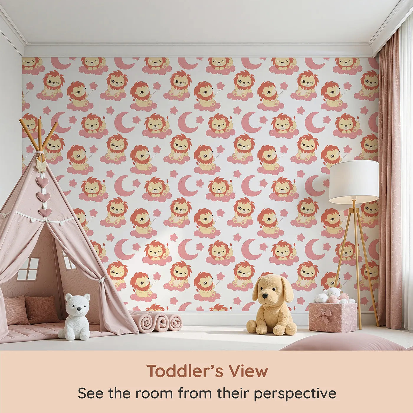 Whimsy Tots Starry Safari Dreams Wallpaper in Pink (W3020A) from your child's view.Smiling lions on starry pink clouds bring magic and giggles to sleepy spaces.