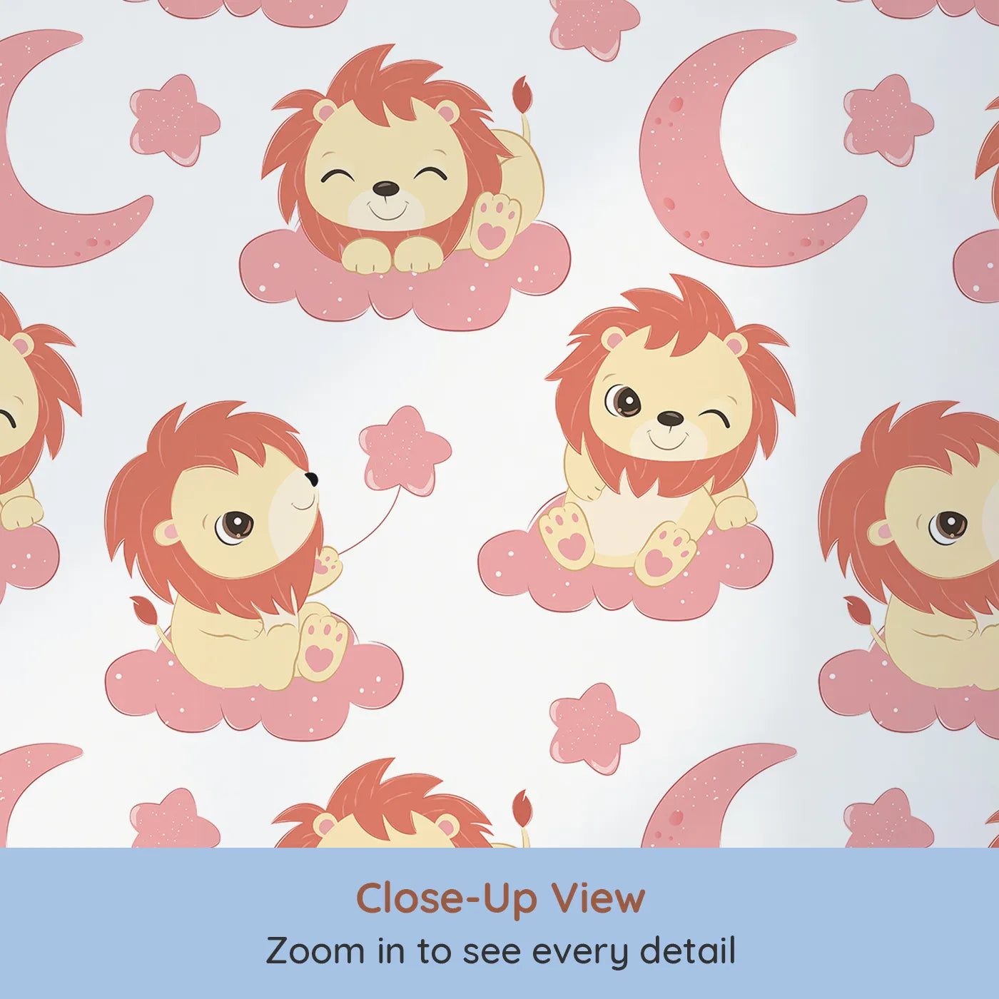 Close-up view of Whimsy Tots' Starry Safari Dreams Wallpaper in Pink (W3020A).Smiling lions on starry pink clouds bring magic and giggles to sleepy spaces.