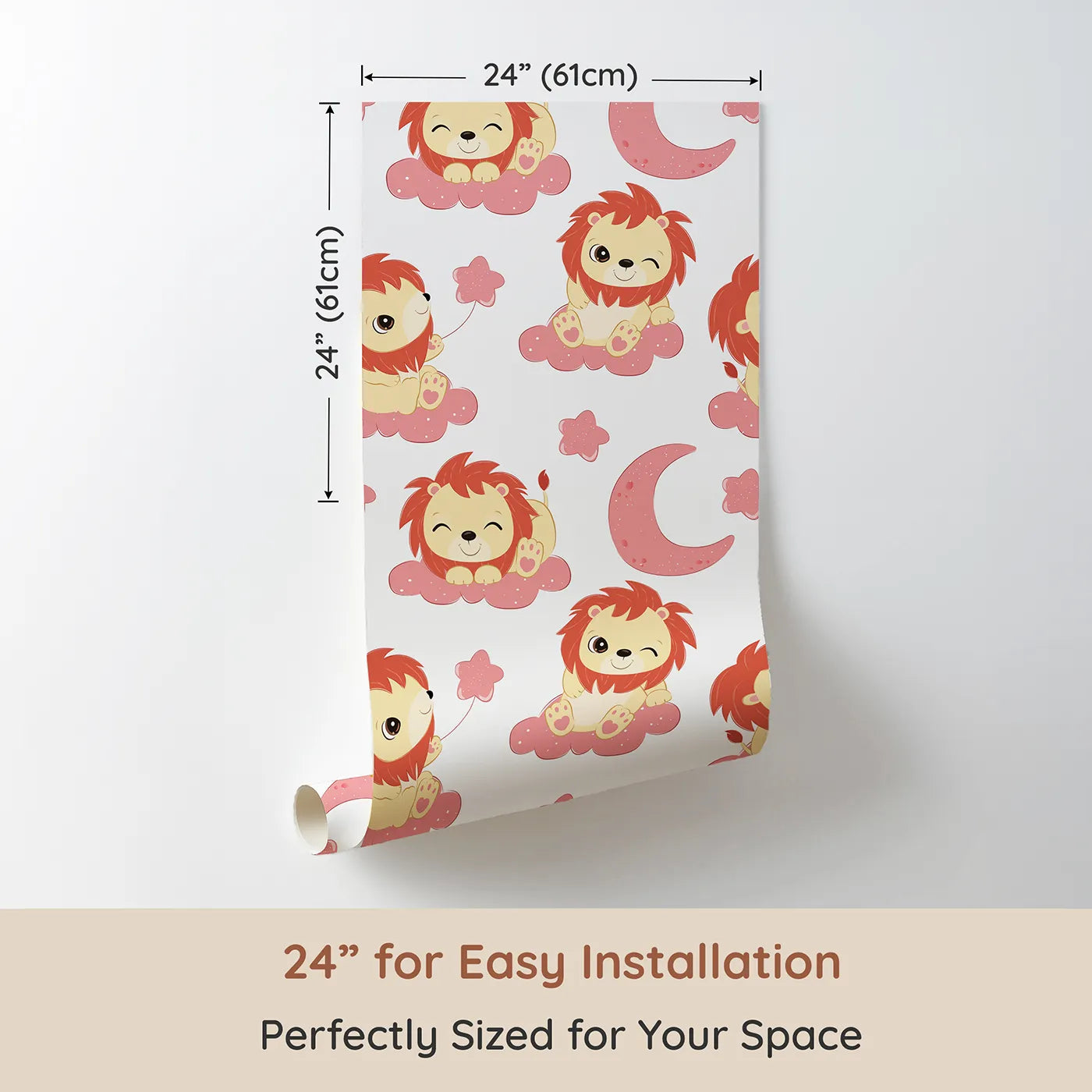 Dimension view of Whimsy Tots Starry Safari Dreams Wallpaper in Pink (W3020A). Printed in 24-inch-wide panel for easy installation. Smiling lions on starry pink clouds bring magic and giggles to sleepy spaces.