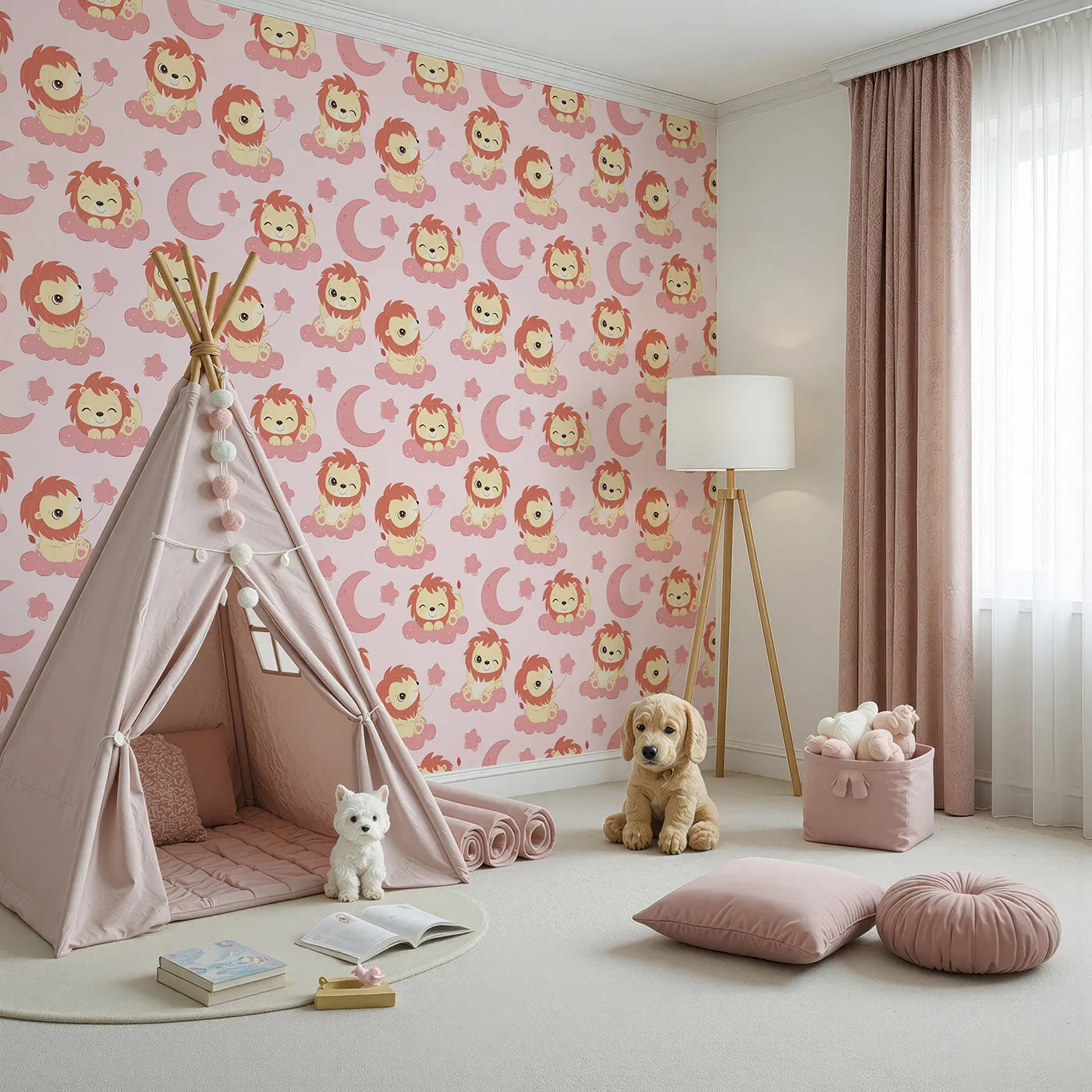 Angled view of Whimsy Tots' Starry Safari Dreams Wallpaper in Cream (W3020B).Smiling lions on creamy clouds bring magic and giggles to sleepy spaces.