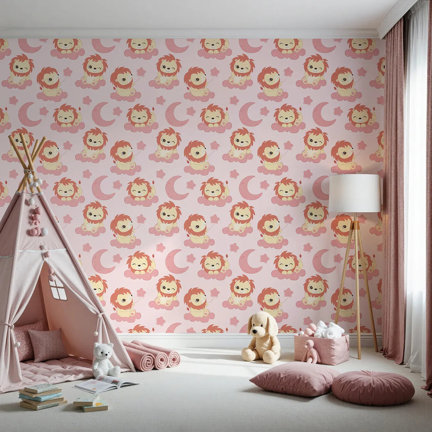 Front view of Whimsy Tots' Starry Safari Dreams Wallpaper in Cream