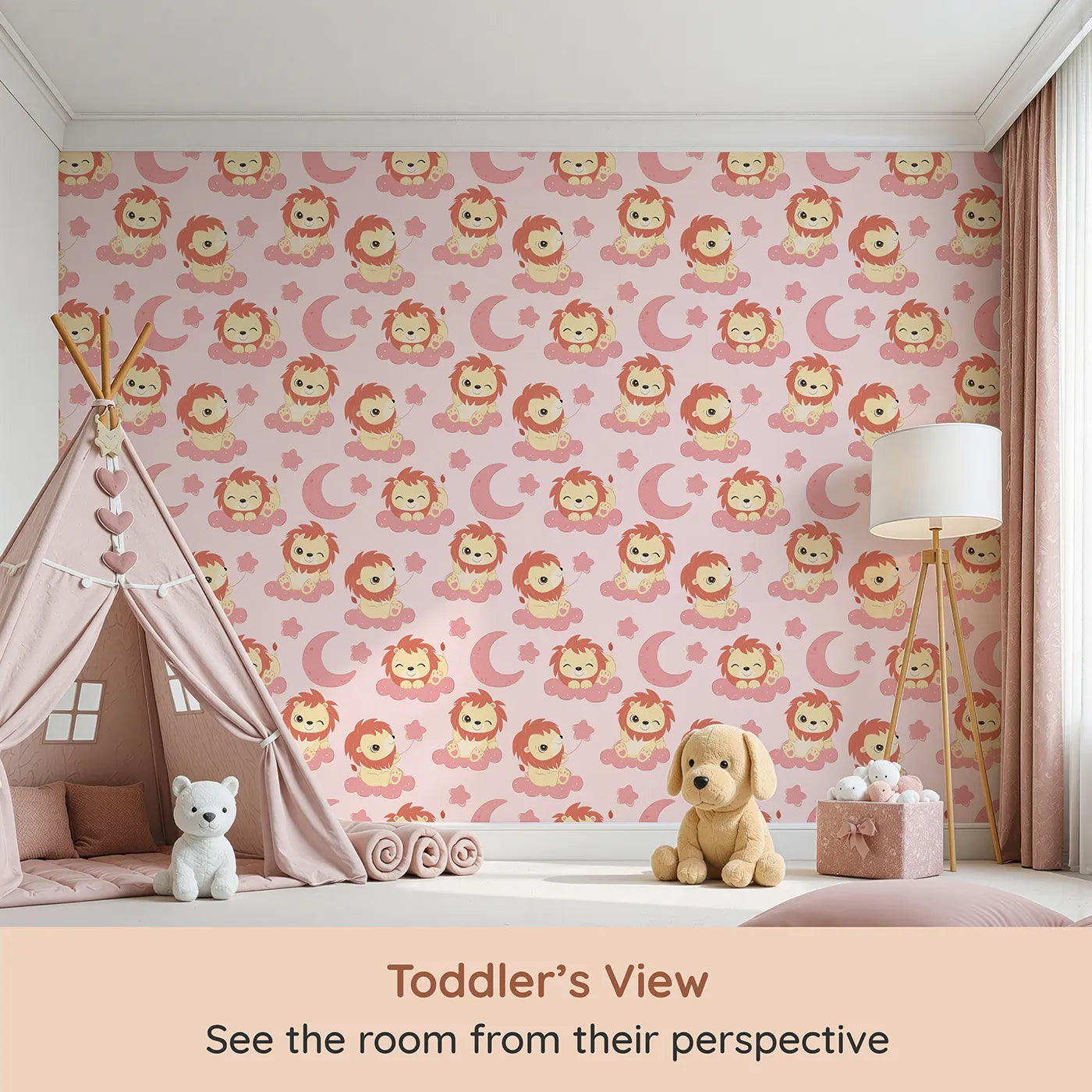 Whimsy Tots Starry Safari Dreams Wallpaper in Cream (W3020B) from your child's view.Smiling lions on creamy clouds bring magic and giggles to sleepy spaces.