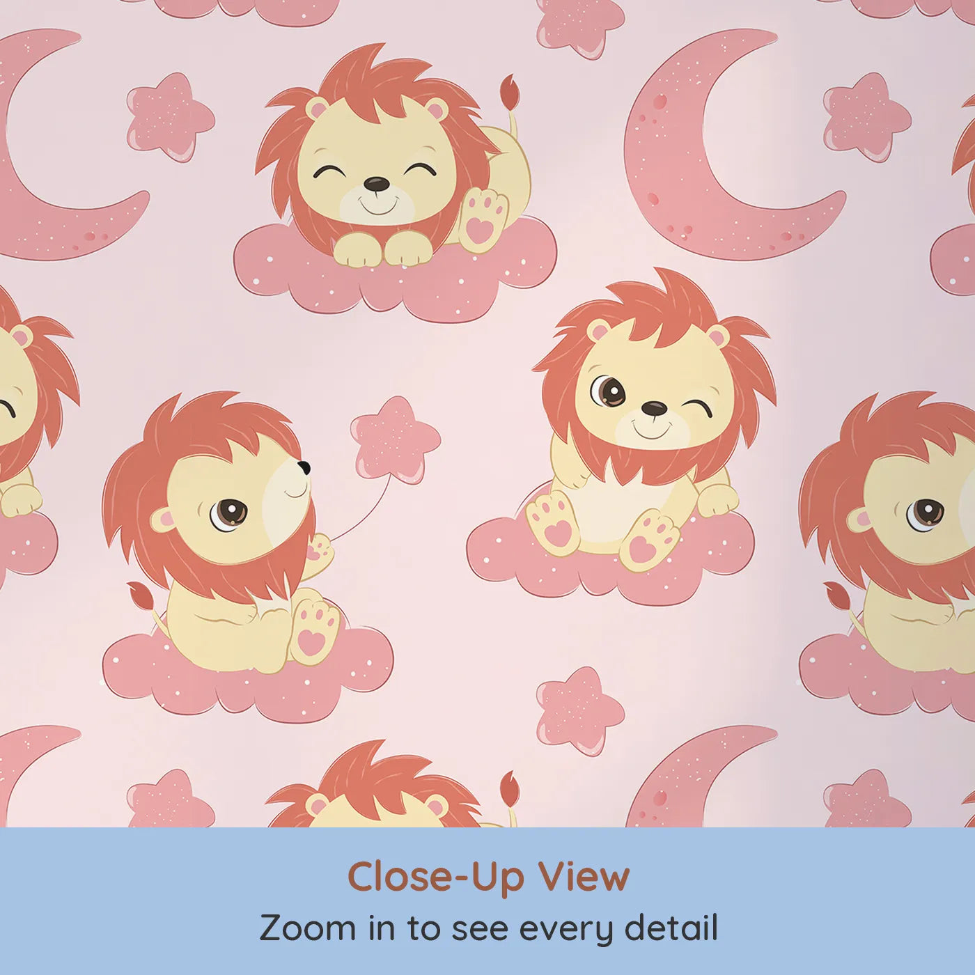 Close-up view of Whimsy Tots' Starry Safari Dreams Wallpaper in Cream (W3020B).Smiling lions on creamy clouds bring magic and giggles to sleepy spaces.