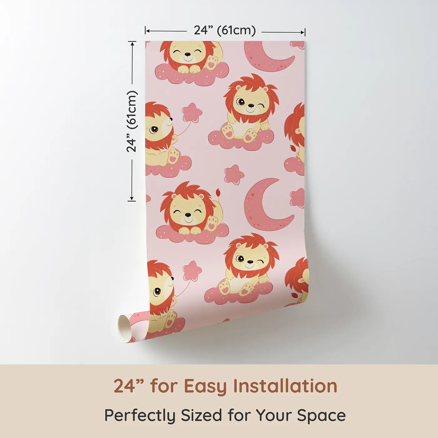 Dimension view of Whimsy Tots Starry Safari Dreams Wallpaper in Cream (W3020B). Printed in 24-inch-wide panel for easy installation. Smiling lions on creamy clouds bring magic and giggles to sleepy spaces.