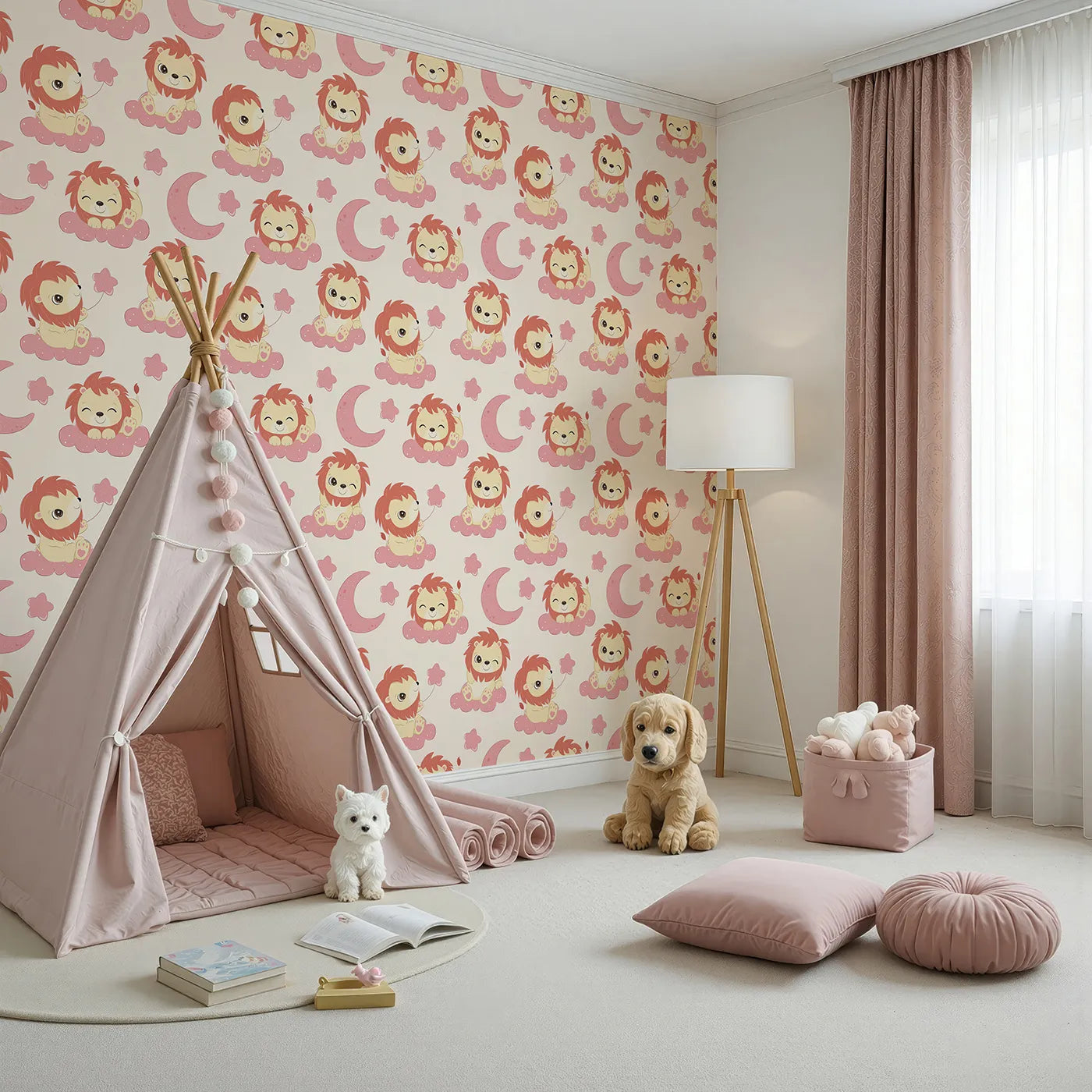 Angled view of Whimsy Tots' Starry Safari Dreams Wallpaper in Beige (W3020C).Smiling lions on warm clouds bring magic and giggles to sleepy spaces.