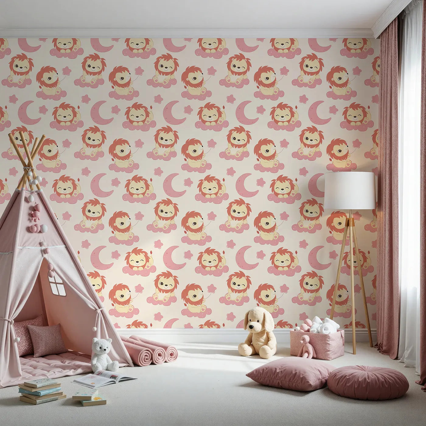 Front view of Whimsy Tots' Starry Safari Dreams Wallpaper in Beige