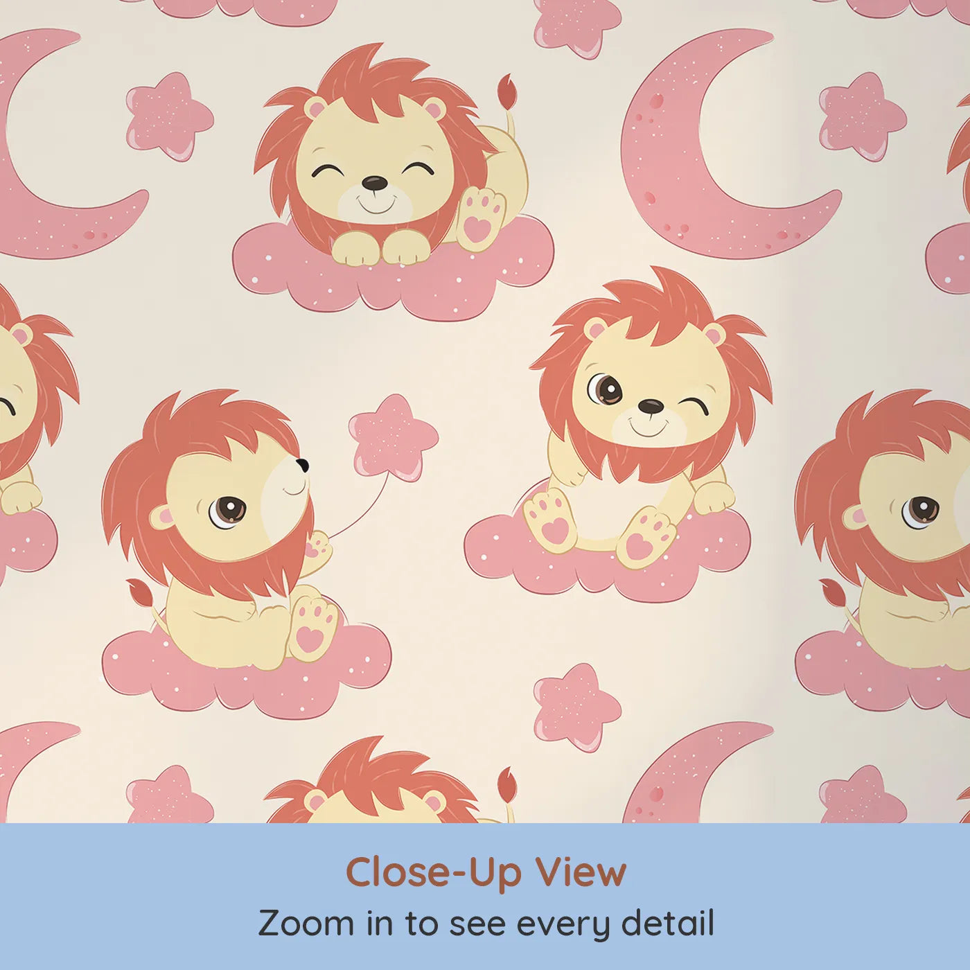 Close-up view of Whimsy Tots' Starry Safari Dreams Wallpaper in Beige (W3020C).Smiling lions on warm clouds bring magic and giggles to sleepy spaces.