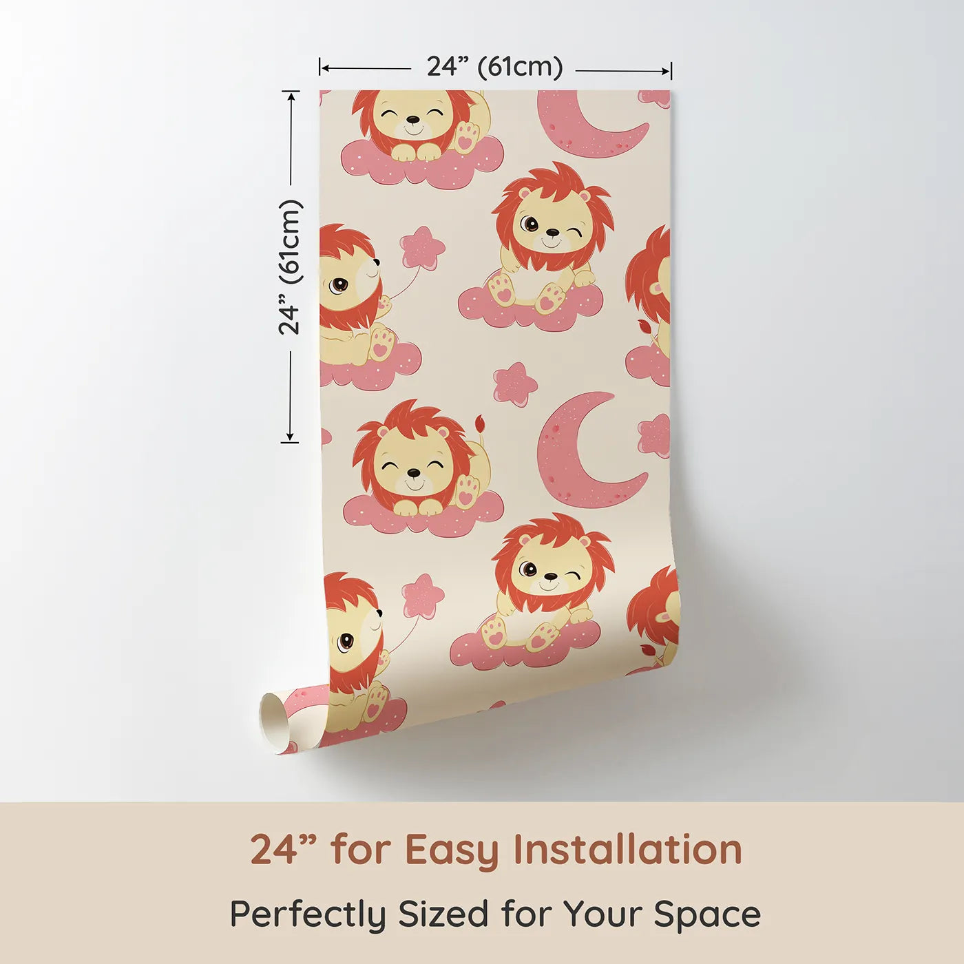 Dimension view of Whimsy Tots Starry Safari Dreams Wallpaper in Beige (W3020C). Printed in 24-inch-wide panel for easy installation. Smiling lions on warm clouds bring magic and giggles to sleepy spaces.