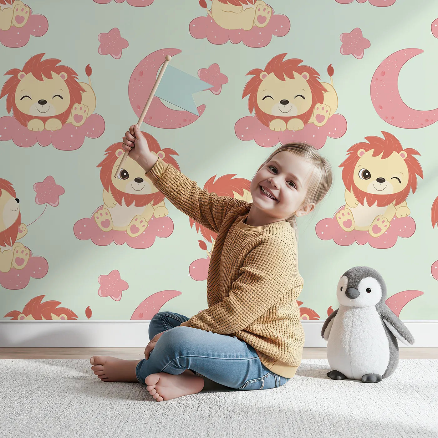 Lovely child standing in front of Whimsy Tots Starry Safari Dreams Wallpaper in Mint Green with lion, cloud, moon, star in design.