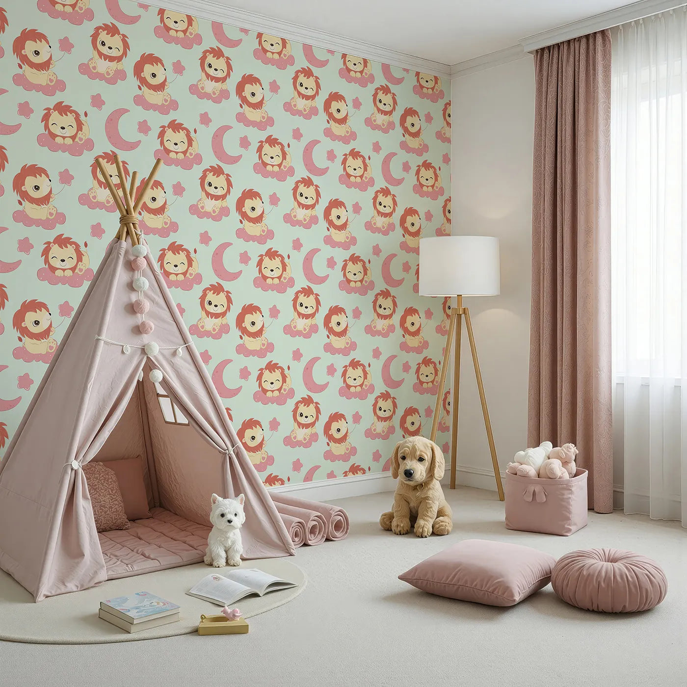 Angled view of Whimsy Tots' Starry Safari Dreams Wallpaper in Mint Green (W3020D).Smiling lions on minty clouds bring magic and giggles to sleepy spaces.