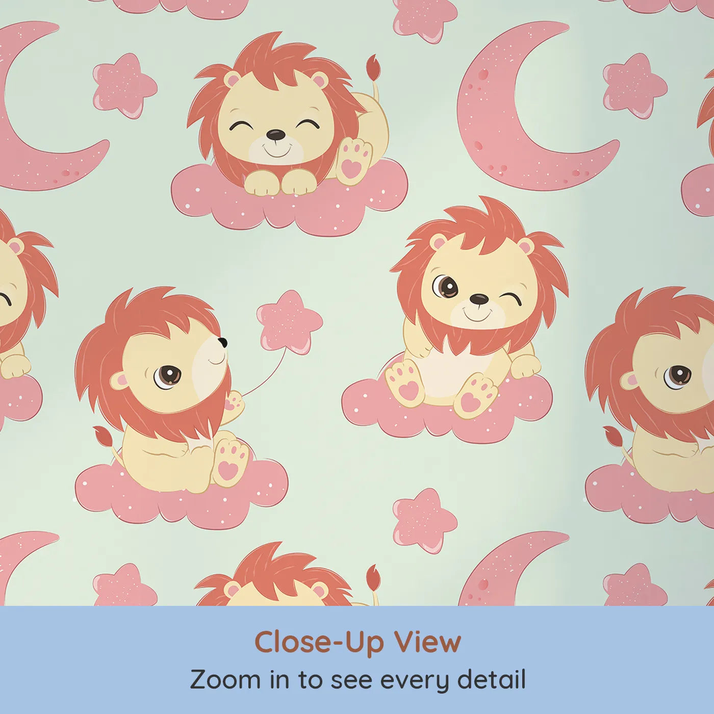 Close-up view of Whimsy Tots' Starry Safari Dreams Wallpaper in Mint Green (W3020D).Smiling lions on minty clouds bring magic and giggles to sleepy spaces.