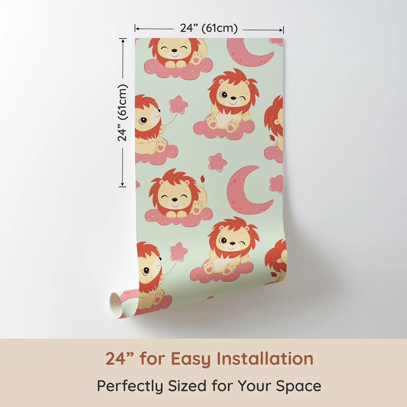 Dimension view of Whimsy Tots Starry Safari Dreams Wallpaper in Mint Green (W3020D). Printed in 24-inch-wide panel for easy installation. Smiling lions on minty clouds bring magic and giggles to sleepy spaces.