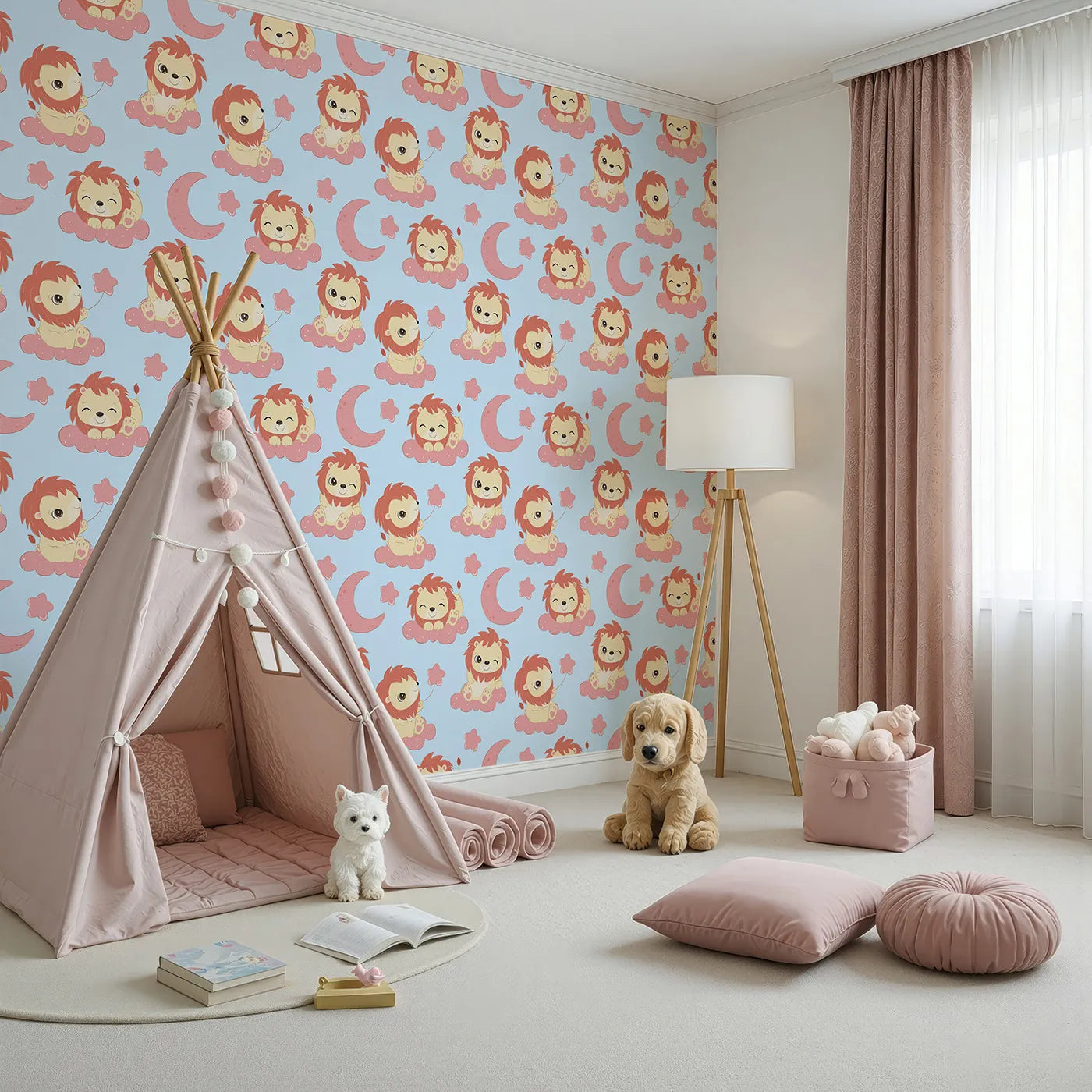 Angled view of Whimsy Tots' Starry Safari Dreams Wallpaper in Blue (W3020E).Smiling lions on sky-blue clouds bring magic and giggles to sleepy spaces.