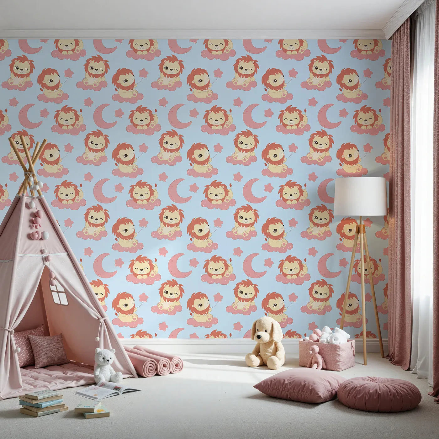 Front view of Whimsy Tots' Starry Safari Dreams Wallpaper in Blue