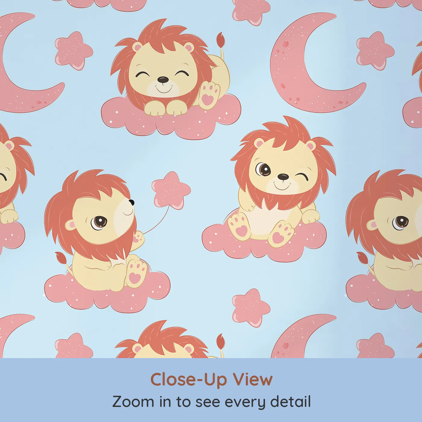 Close-up view of Whimsy Tots' Starry Safari Dreams Wallpaper in Blue (W3020E).Smiling lions on sky-blue clouds bring magic and giggles to sleepy spaces.