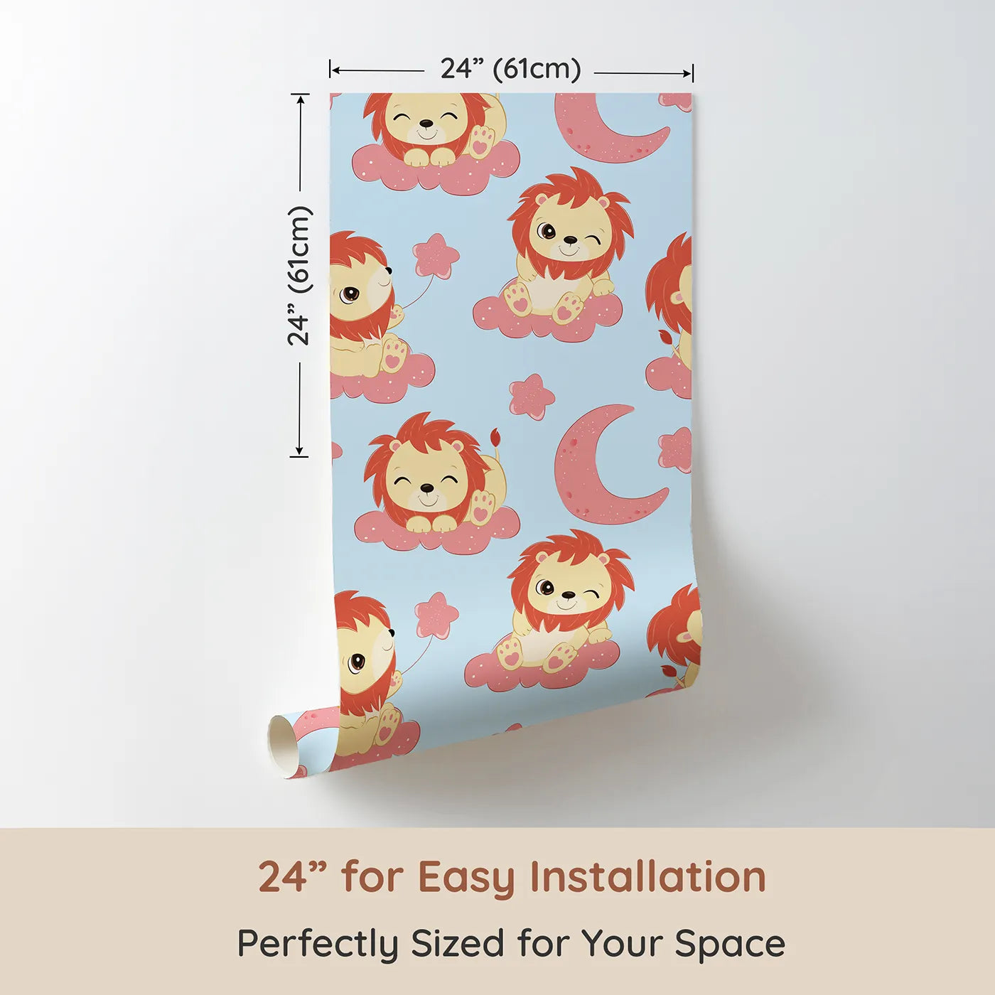 Dimension view of Whimsy Tots Starry Safari Dreams Wallpaper in Blue (W3020E). Printed in 24-inch-wide panel for easy installation. Smiling lions on sky-blue clouds bring magic and giggles to sleepy spaces.