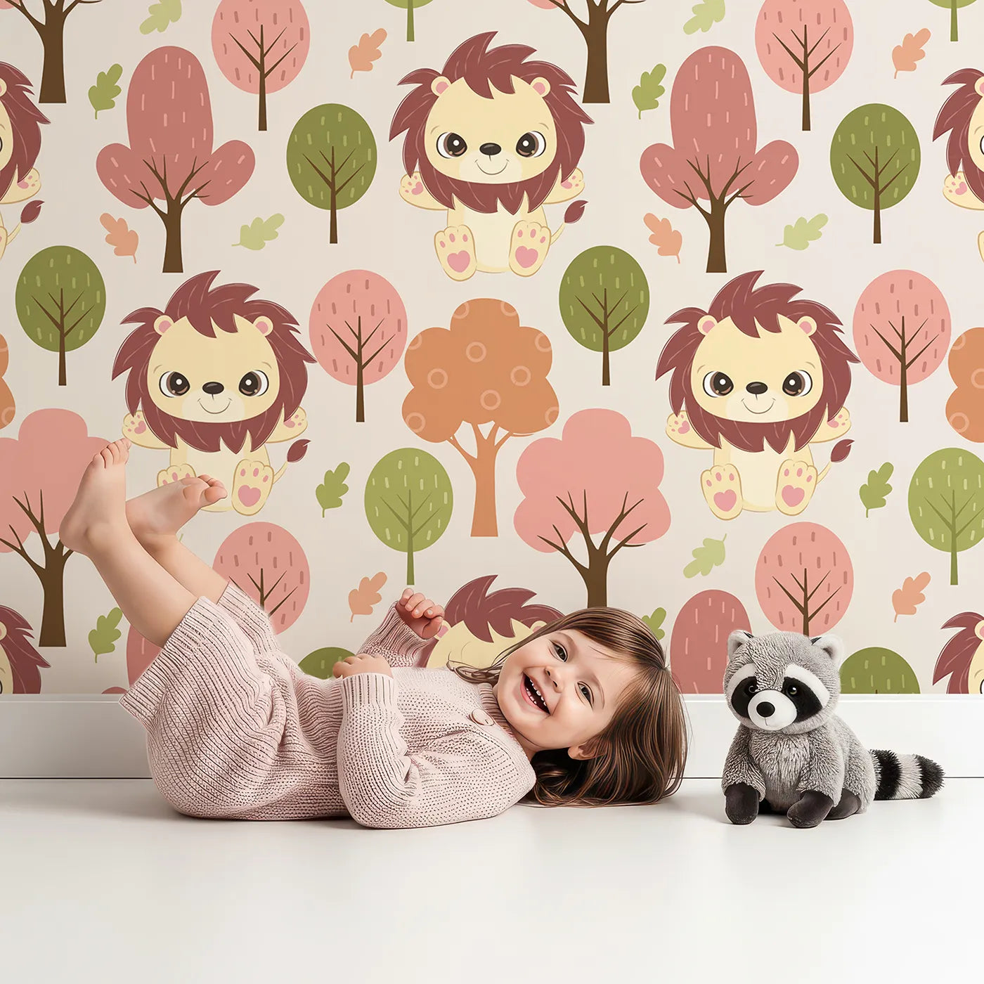 Lovely child standing in front of Whimsy Tots Autumn Safari Stroll Wallpaper in Beige with lion, tree, leaf in design.