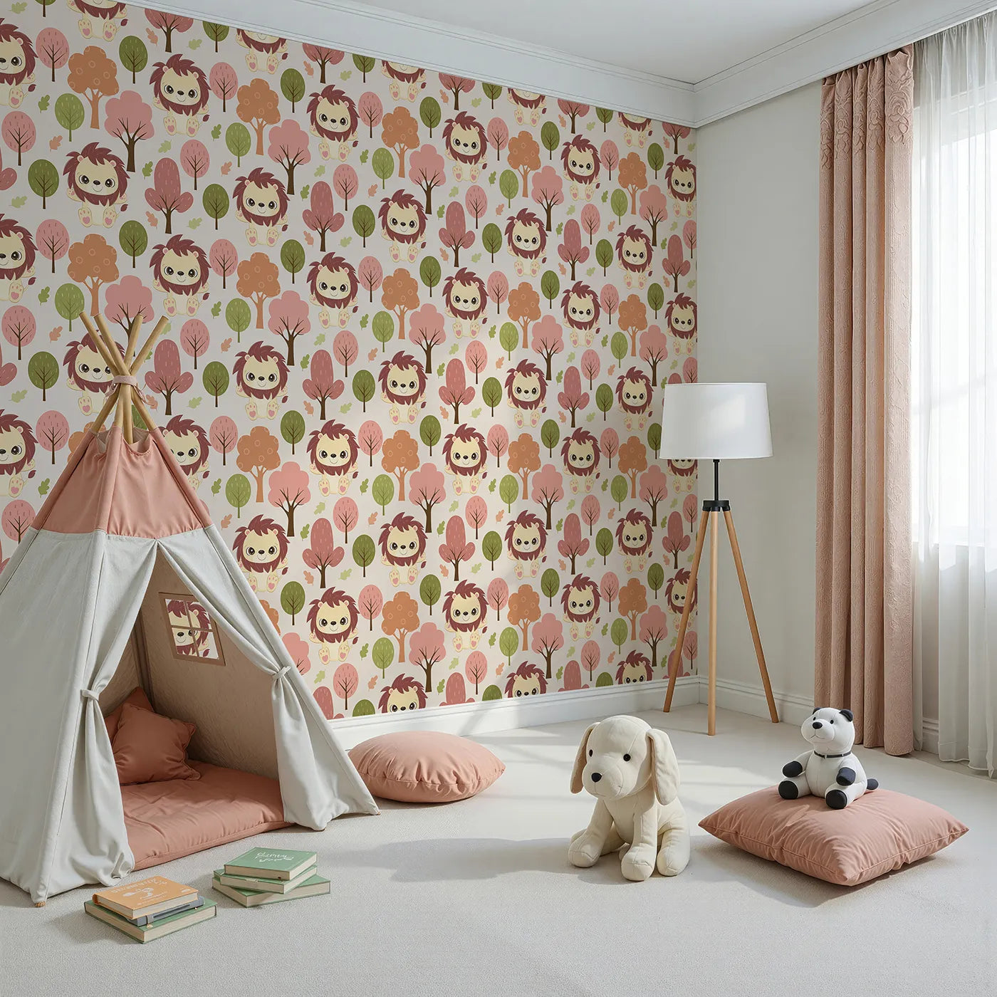 Angled view of Whimsy Tots' Autumn Safari Stroll Wallpaper in Beige (W3021A).Smiling lions and leafy trees bring woodland warmth to every wall.