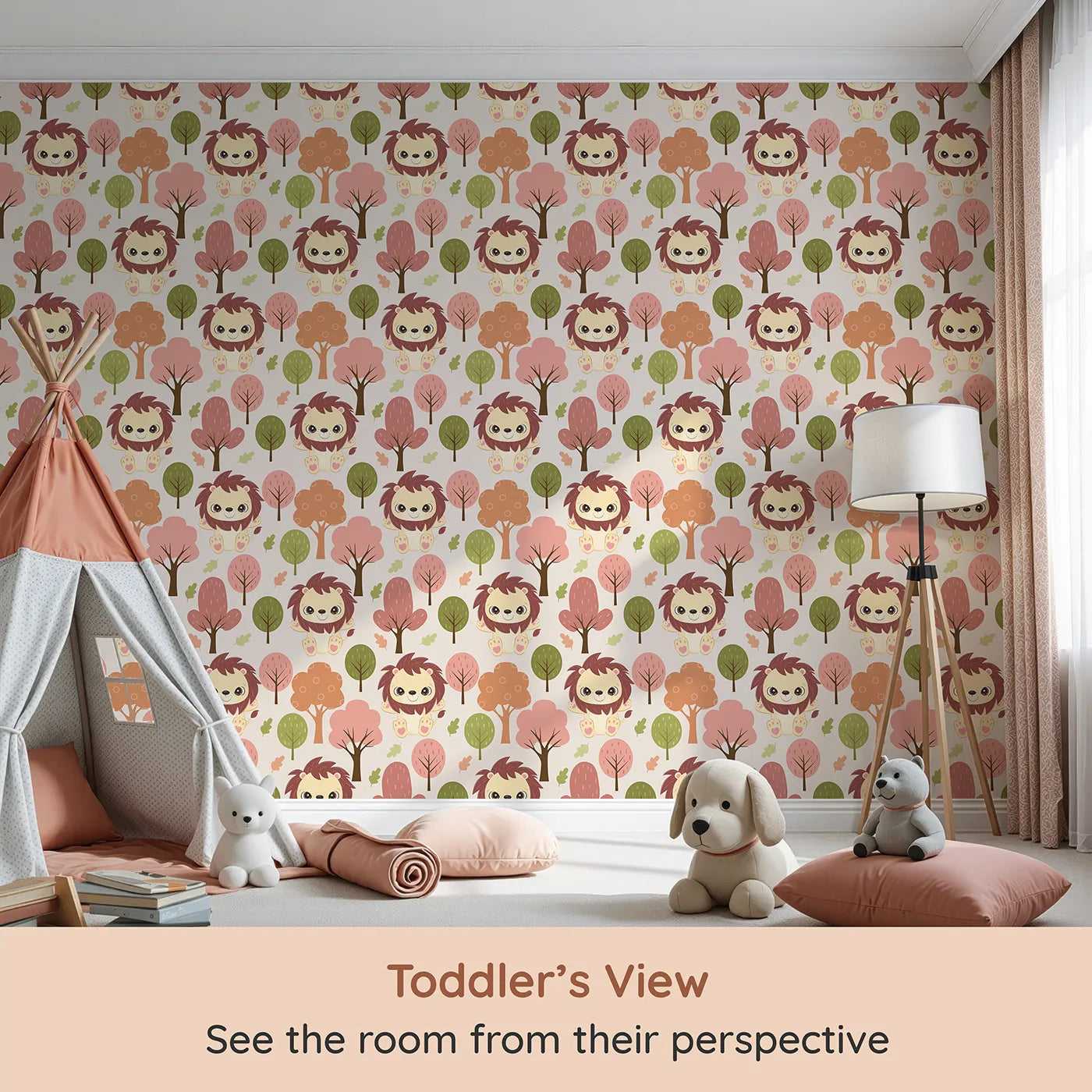 Whimsy Tots Autumn Safari Stroll Wallpaper in Beige (W3021A) from your child's view.Smiling lions and leafy trees bring woodland warmth to every wall.