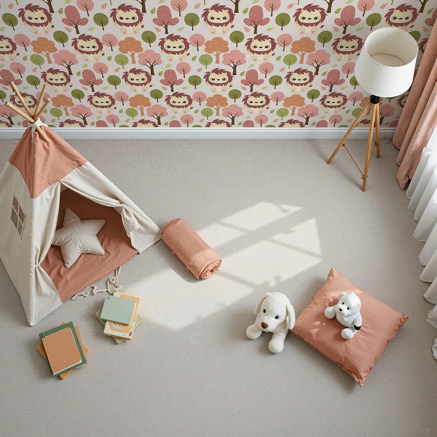 Top-Down view of Whimsy Tots' Autumn Safari Stroll Wallpaper in Beige (W3021A).Smiling lions and leafy trees bring woodland warmth to every wall.