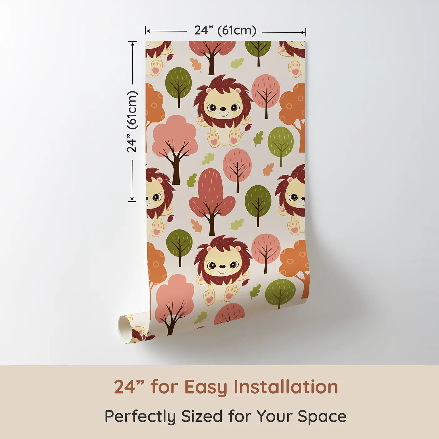 Dimension view of Whimsy Tots Autumn Safari Stroll Wallpaper in Beige (W3021A). Printed in 24-inch-wide panel for easy installation. Smiling lions and leafy trees bring woodland warmth to every wall.