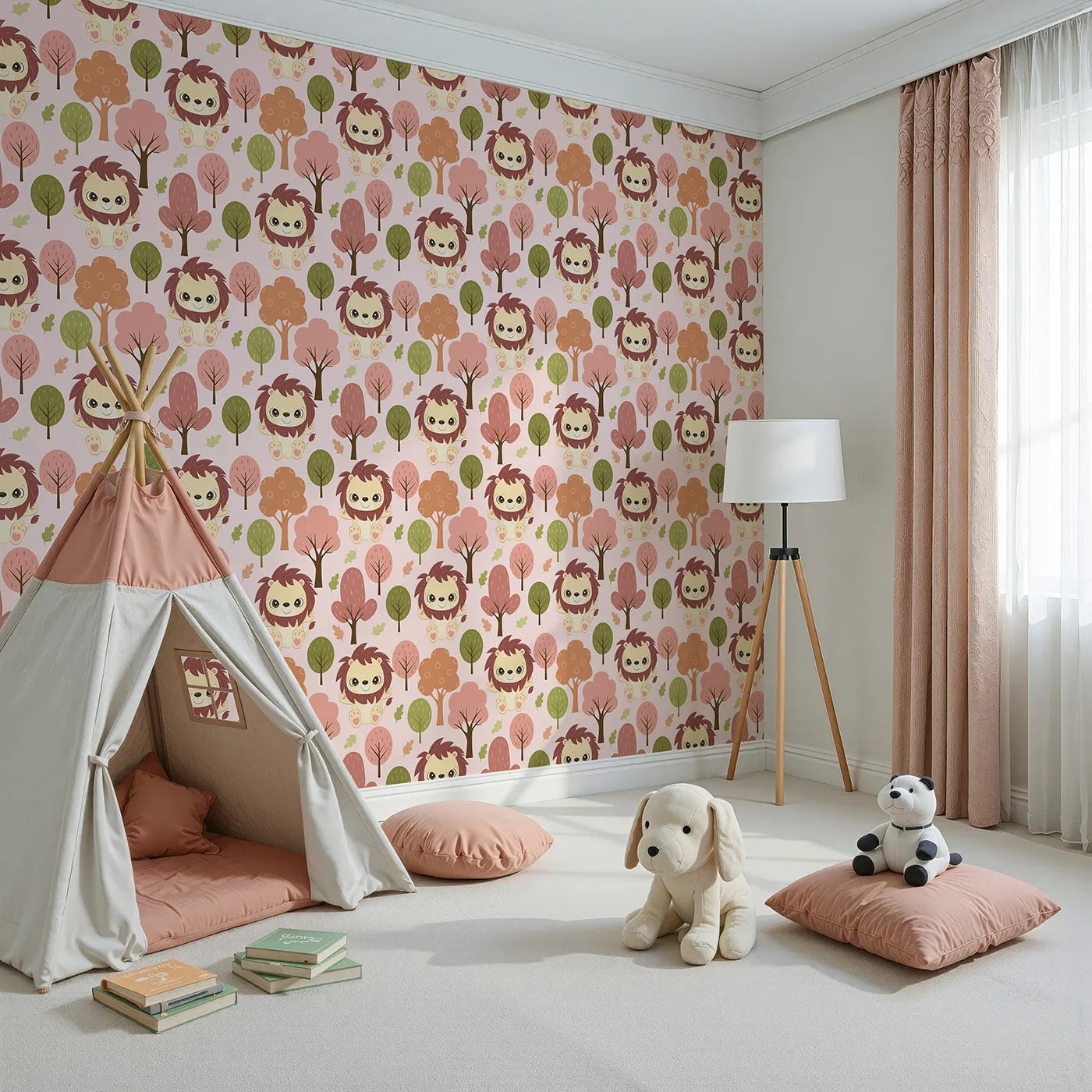Angled view of Whimsy Tots' Autumn Safari Stroll Wallpaper in Pink (W3021B).Smiling lions and leafy trees bring woodland warmth to every wall.